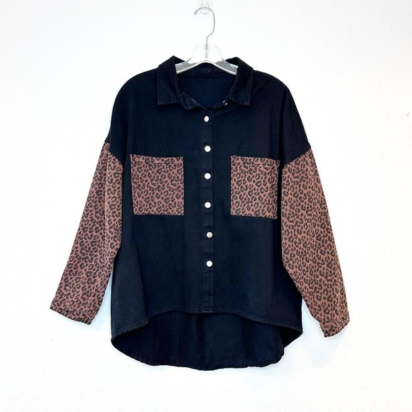 Denim Black Jacket Shacket Animal Print pockets & Sleeves Oversized Medium - Picture 1 of 2